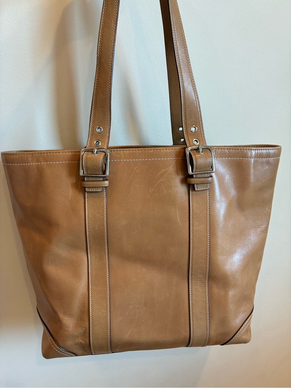 Vintage Coach Hamptons Leather Tote Bag in a British Tan Color with Silver-Tone